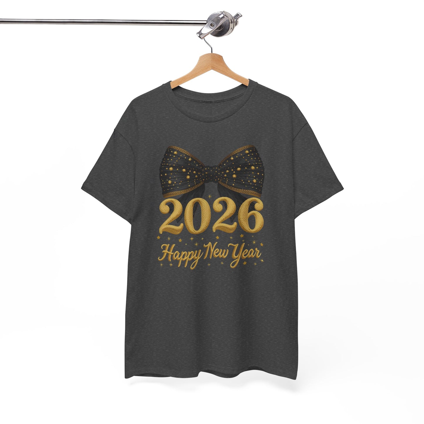 2026 Happy New Year T-Shirt — Gold Numbers with Black Sparkle Bow