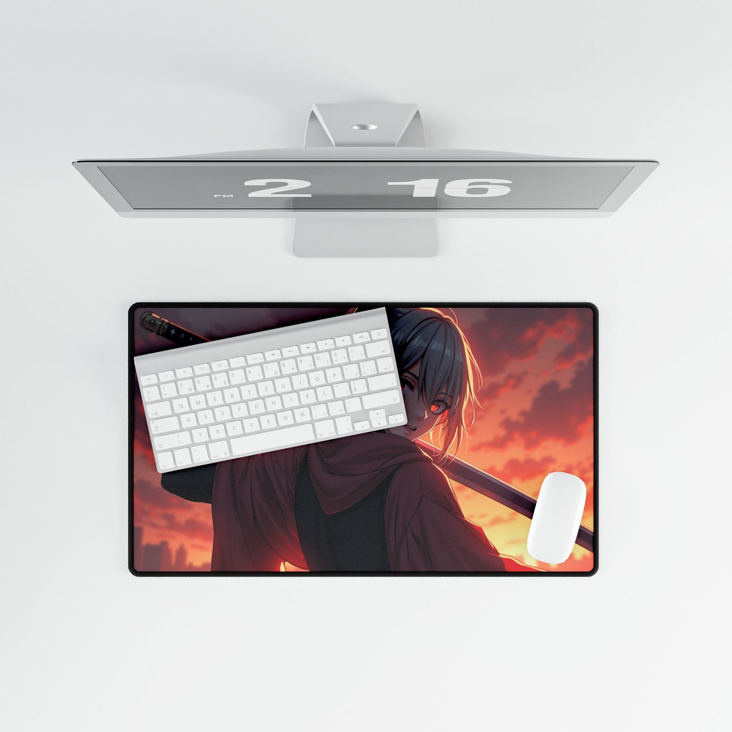 Anime Samurai Desk Mat — Red Sunset Sword Girl Gaming Mouse Pad (Large)