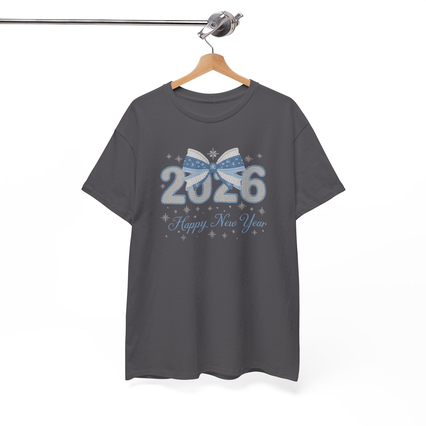 2026 Happy New Year Tee — Festive Blue Bow New Year T-Shirt