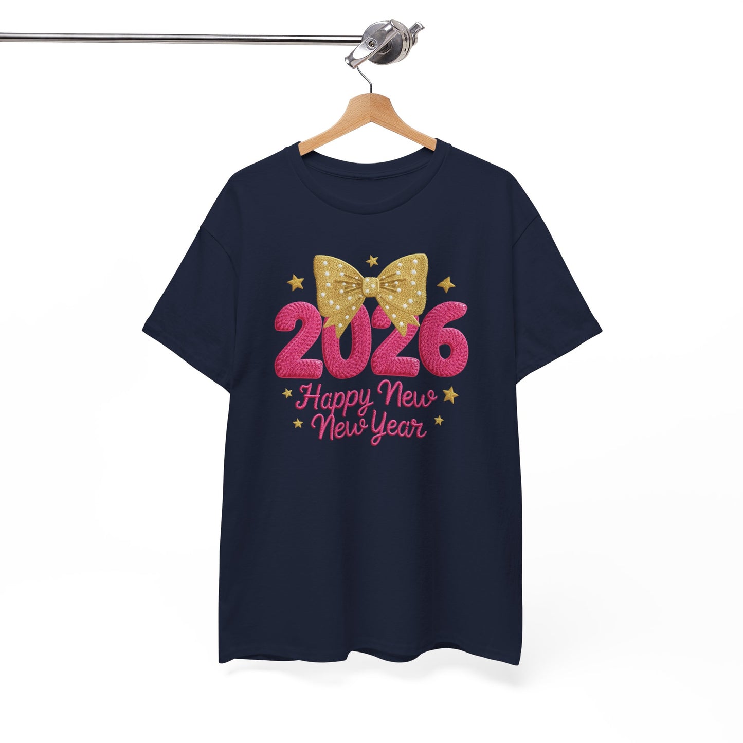 2026 Happy New Year T-Shirt — Pink & Gold Bow Celebration Tee