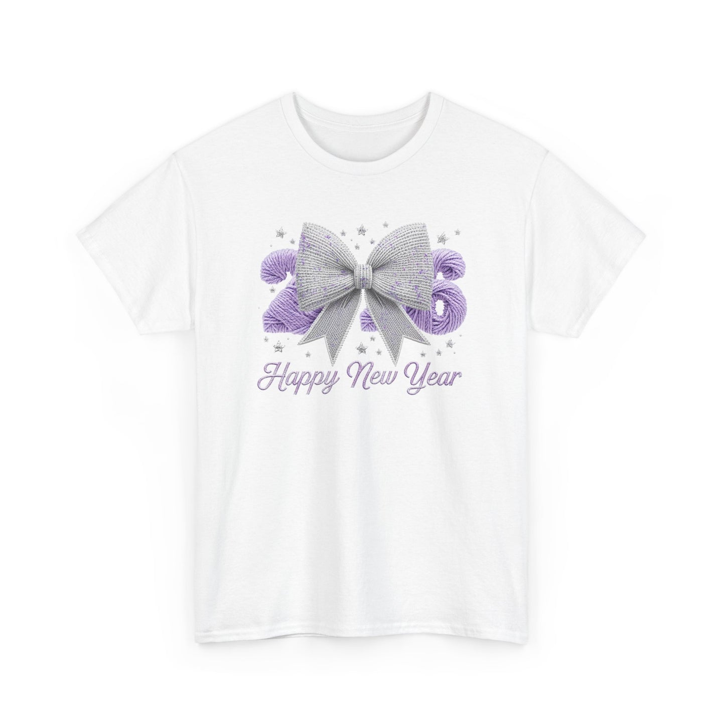 Happy New Year Bow T-Shirt — Silver Glitter Bow with Purple Confetti Tee