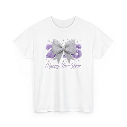 Happy New Year Bow T-Shirt Silver Glitter Bow with Purple Confetti Tee