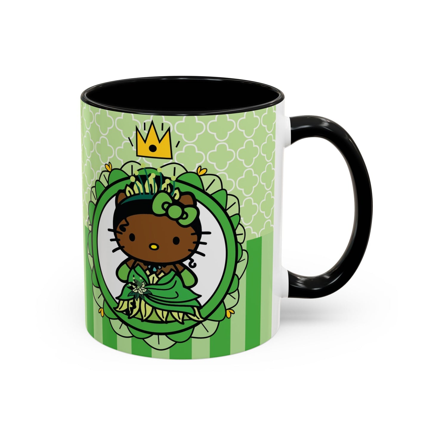 Princess Cat Illustration Accent Coffee Mug | Green Stripes