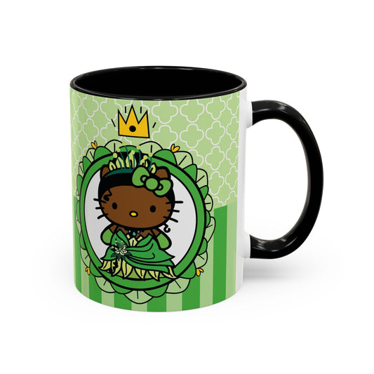 Princess Cat Illustration Accent Coffee Mug | Green Stripes