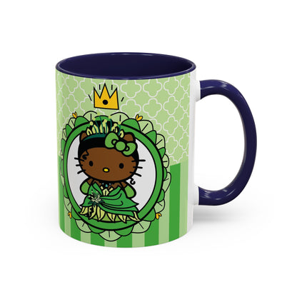 Princess Cat Illustration Accent Coffee Mug | Green Stripes