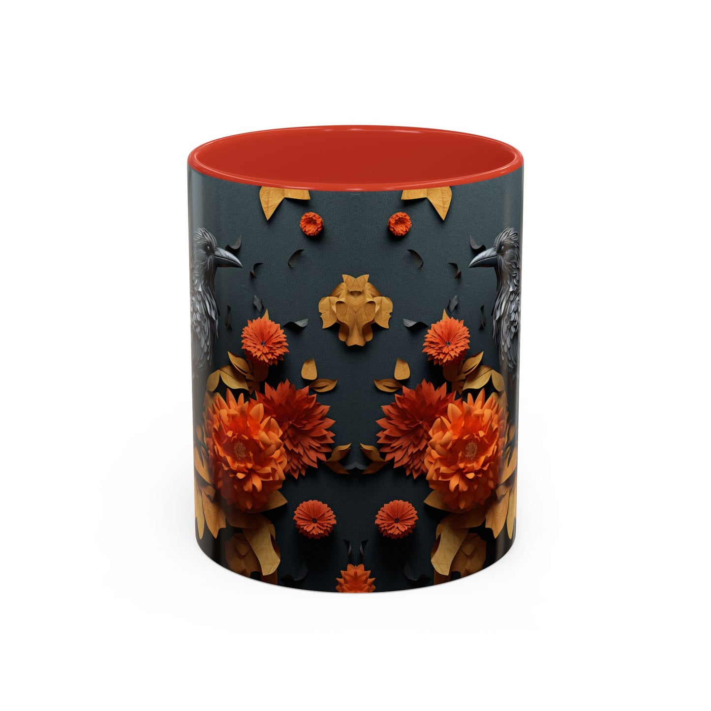 Autumn Raven Accent Coffee Mug — Black Crow & Orange Chrysanthemums (11/15oz)