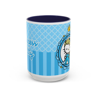 Princess Cat Illustration Accent Coffee Mug | Blue Striped Ceramic