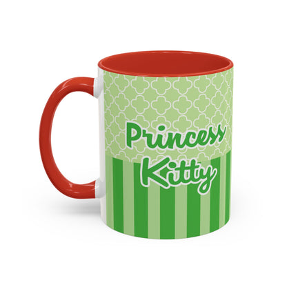 Princess Cat Illustration Accent Coffee Mug | Green Stripes