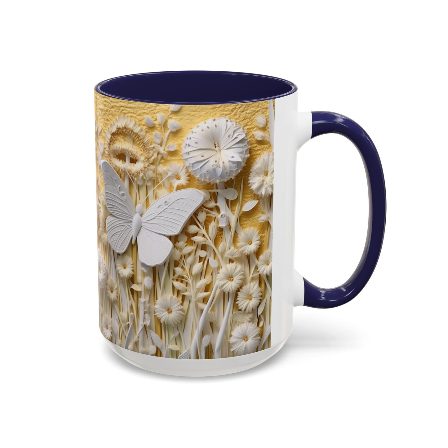White Floral Relief with Butterflies Accent Mug | 11oz 15oz