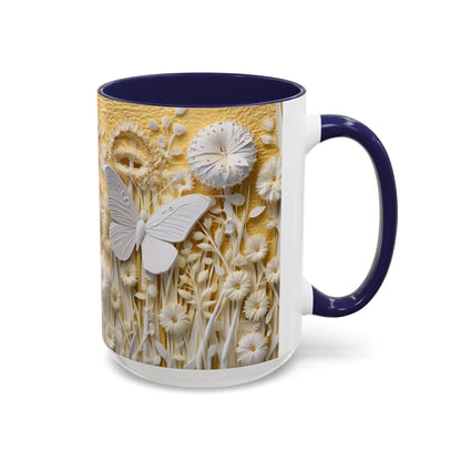 White Floral Relief with Butterflies Accent Mug | 11oz 15oz