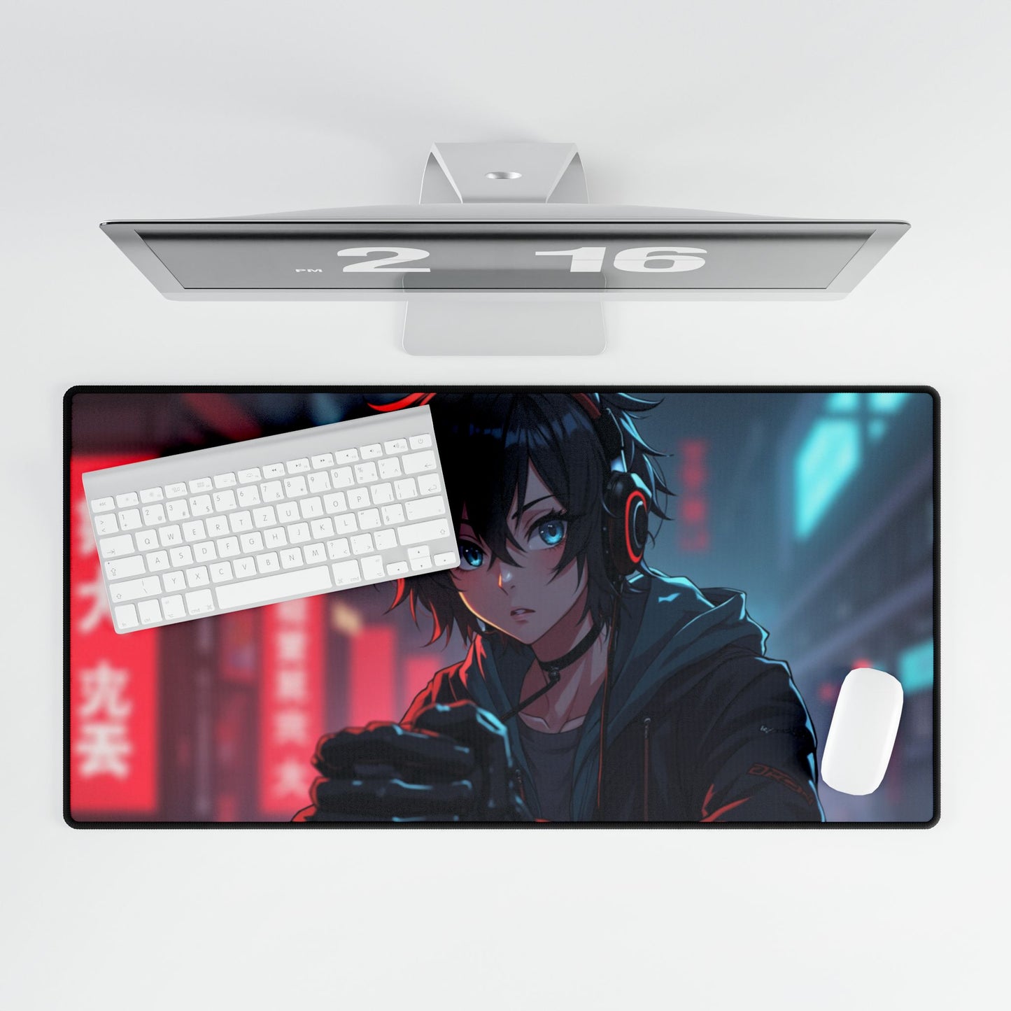 Cyberpunk Anime Gaming Desk Mat — Neon City Boy RGB Mousepad