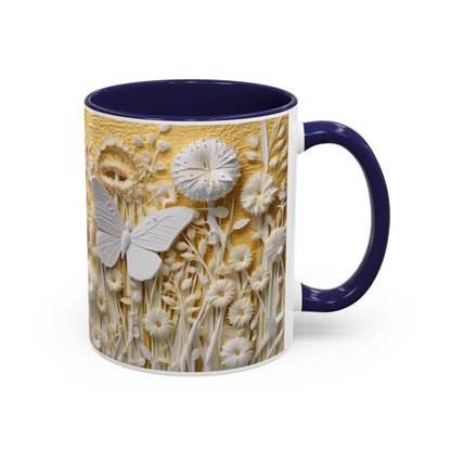 White Floral Relief with Butterflies Accent Mug | 11oz 15oz