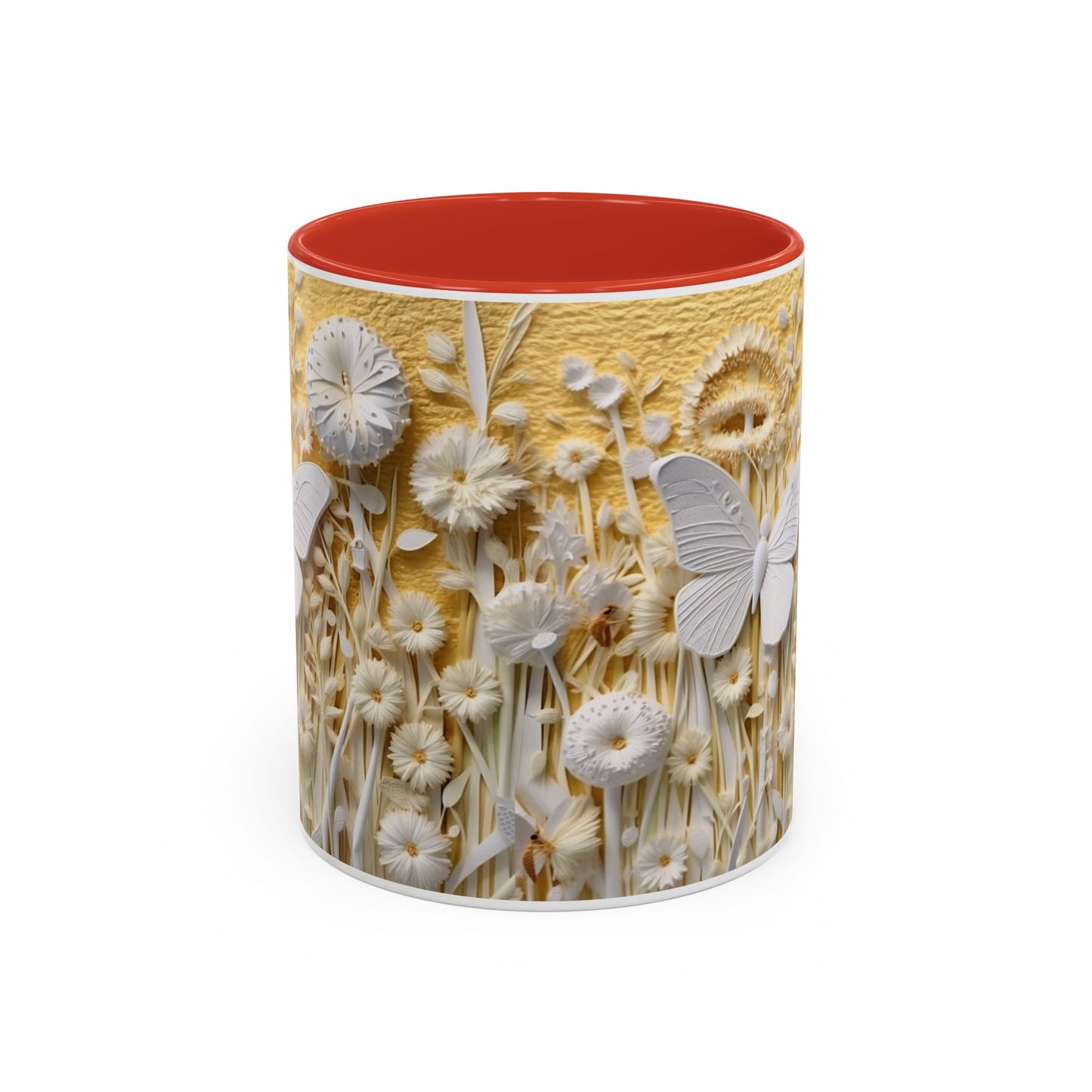White Floral Relief with Butterflies Accent Mug | 11oz 15oz