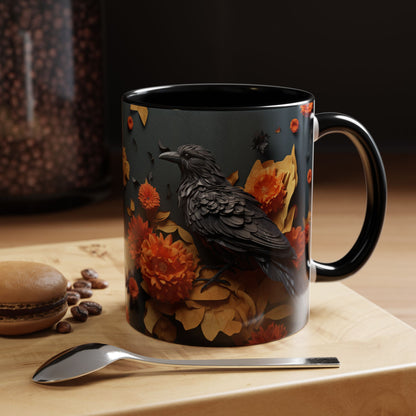 Autumn Raven Accent Coffee Mug — Black Crow & Orange Chrysanthemums (11/15oz)