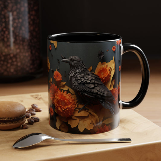 Autumn Raven Accent Coffee Mug — Black Crow & Orange Chrysanthemums (11/15oz)