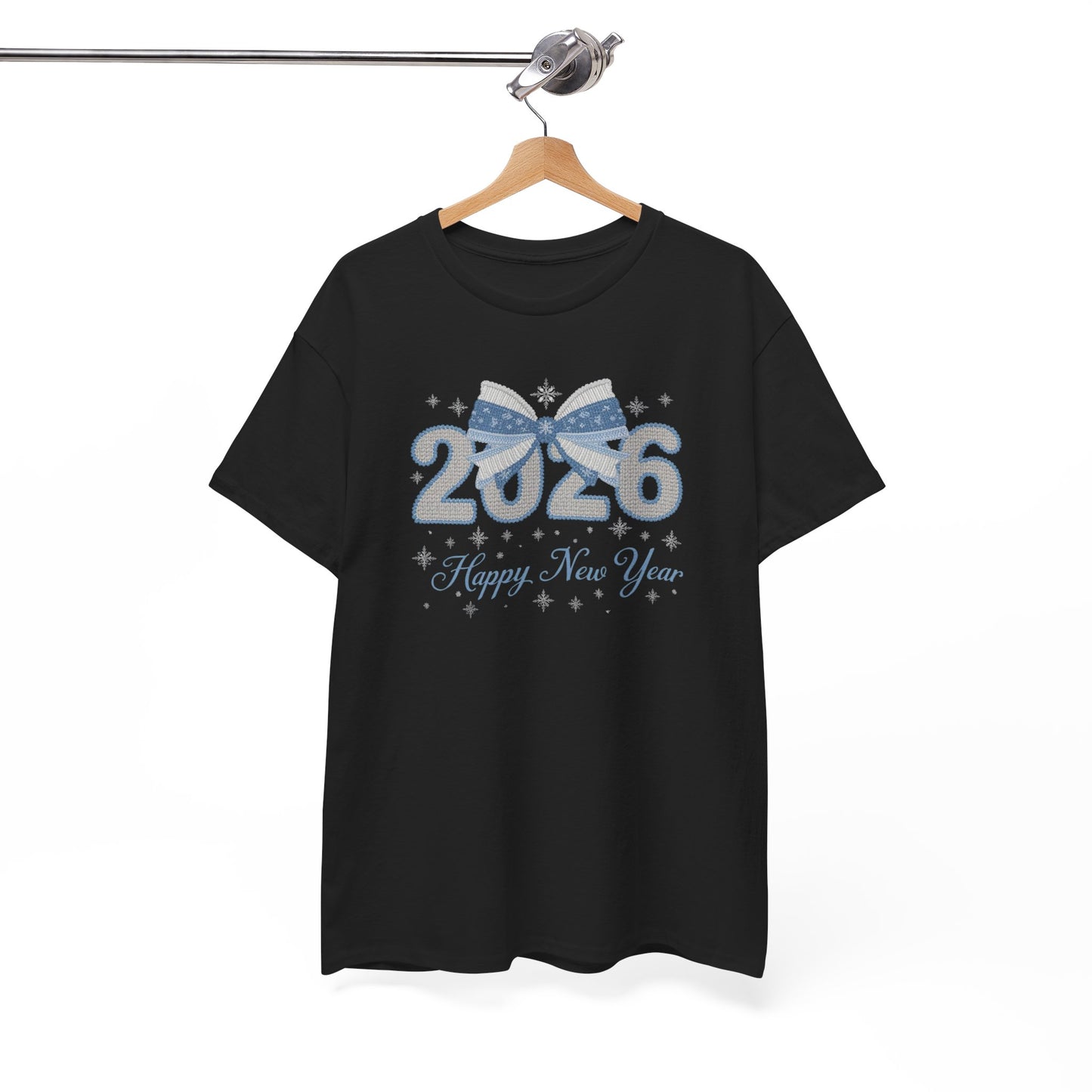 2026 Happy New Year Tee — Festive Blue Bow New Year T-Shirt