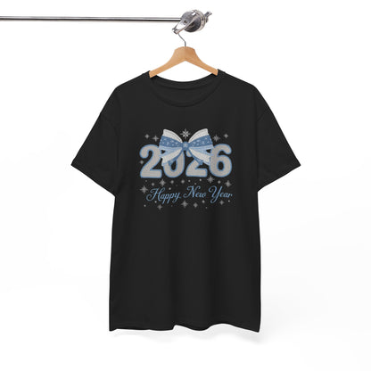 2026 Happy New Year Tee — Festive Blue Bow New Year T-Shirt