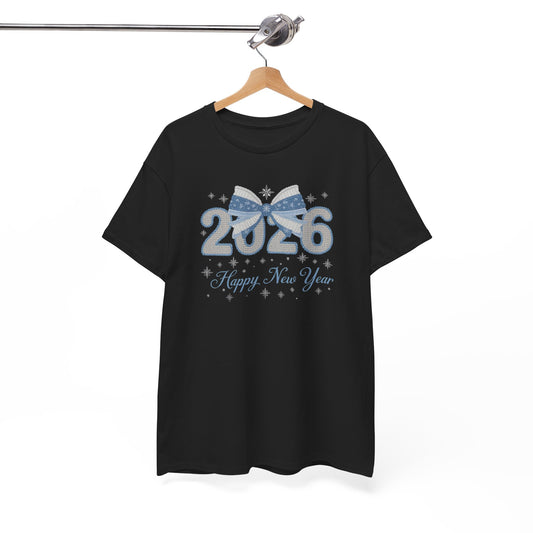 2026 Happy New Year Tee — Festive Blue Bow New Year T-Shirt