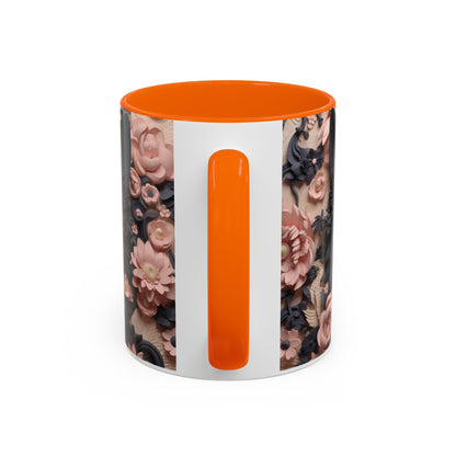 Black Cat & Pink Roses Accent Coffee Mug — 11/15oz Floral Cat Art
