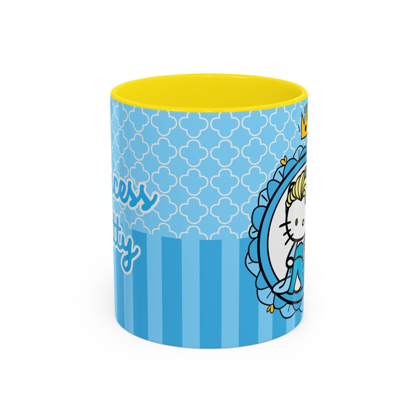 Princess Cat Illustration Accent Coffee Mug | Blue Striped Ceramic