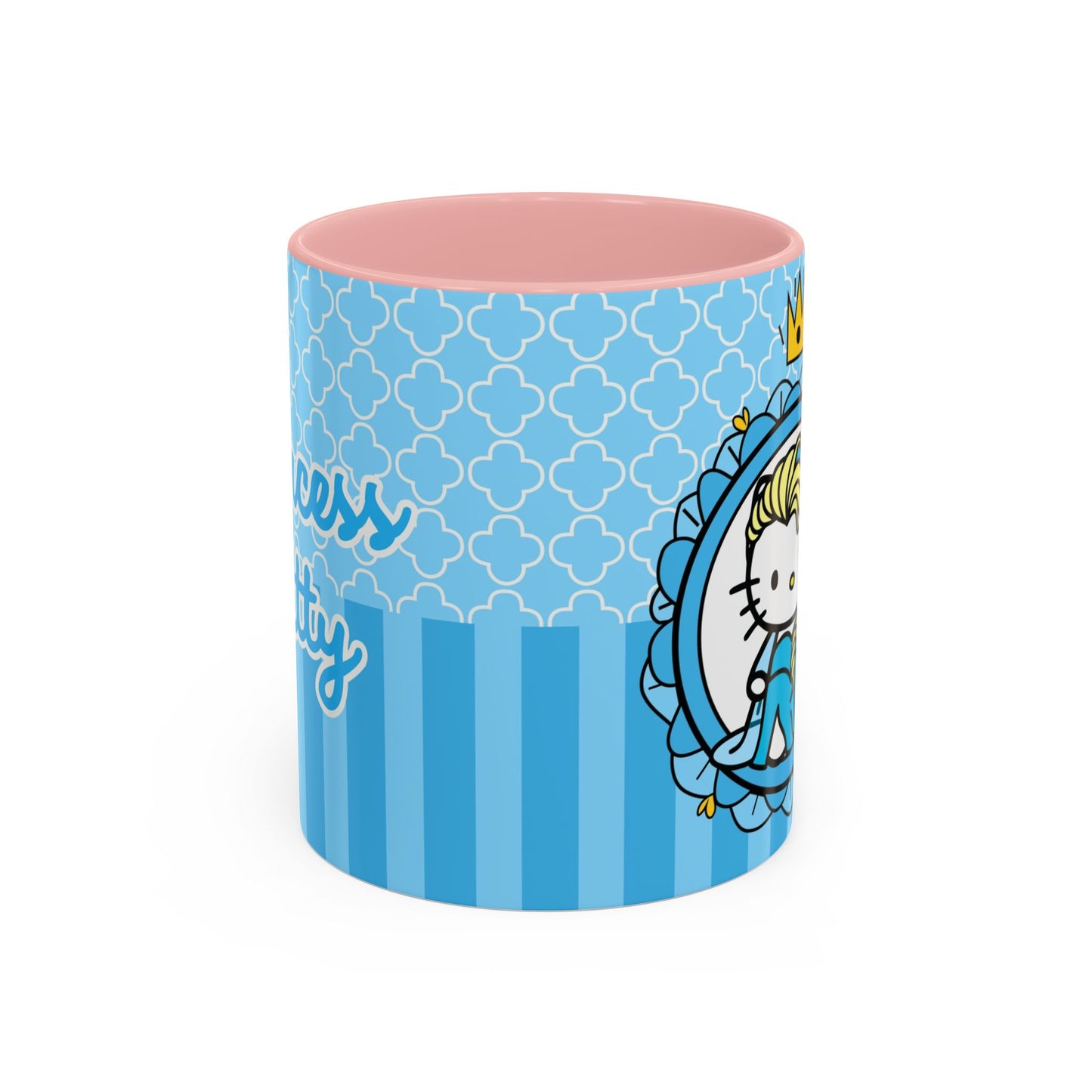 Princess Cat Illustration Accent Coffee Mug | Blue Striped Ceramic