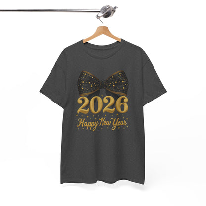 2026 Happy New Year T-Shirt — Gold Numbers with Black Sparkle Bow