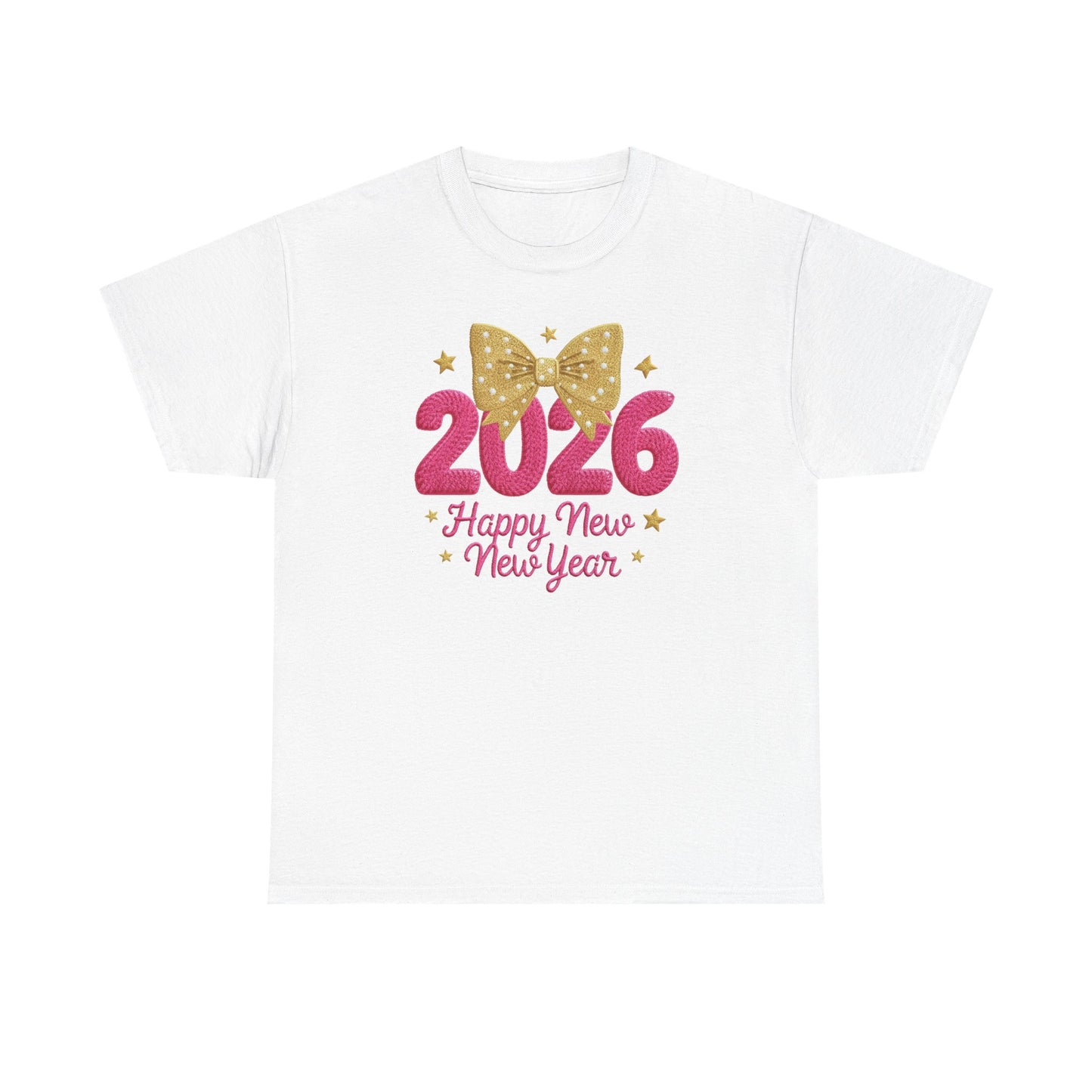 2026 Happy New Year T-Shirt — Pink & Gold Bow Celebration Tee