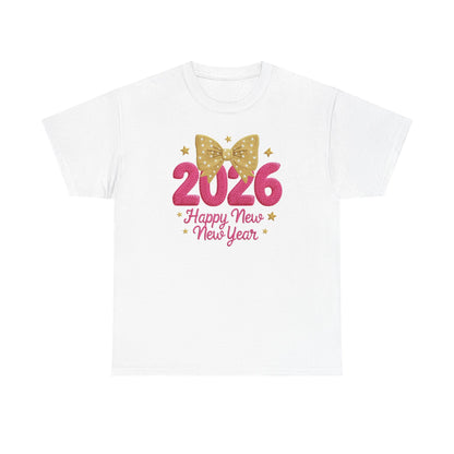 2026 Happy New Year T-Shirt — Pink & Gold Bow Celebration Tee