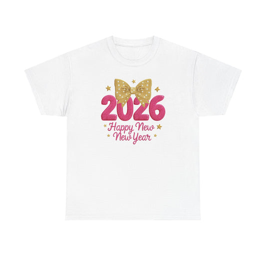 2026 Happy New Year T-Shirt Pink & Gold Bow Celebration Tee