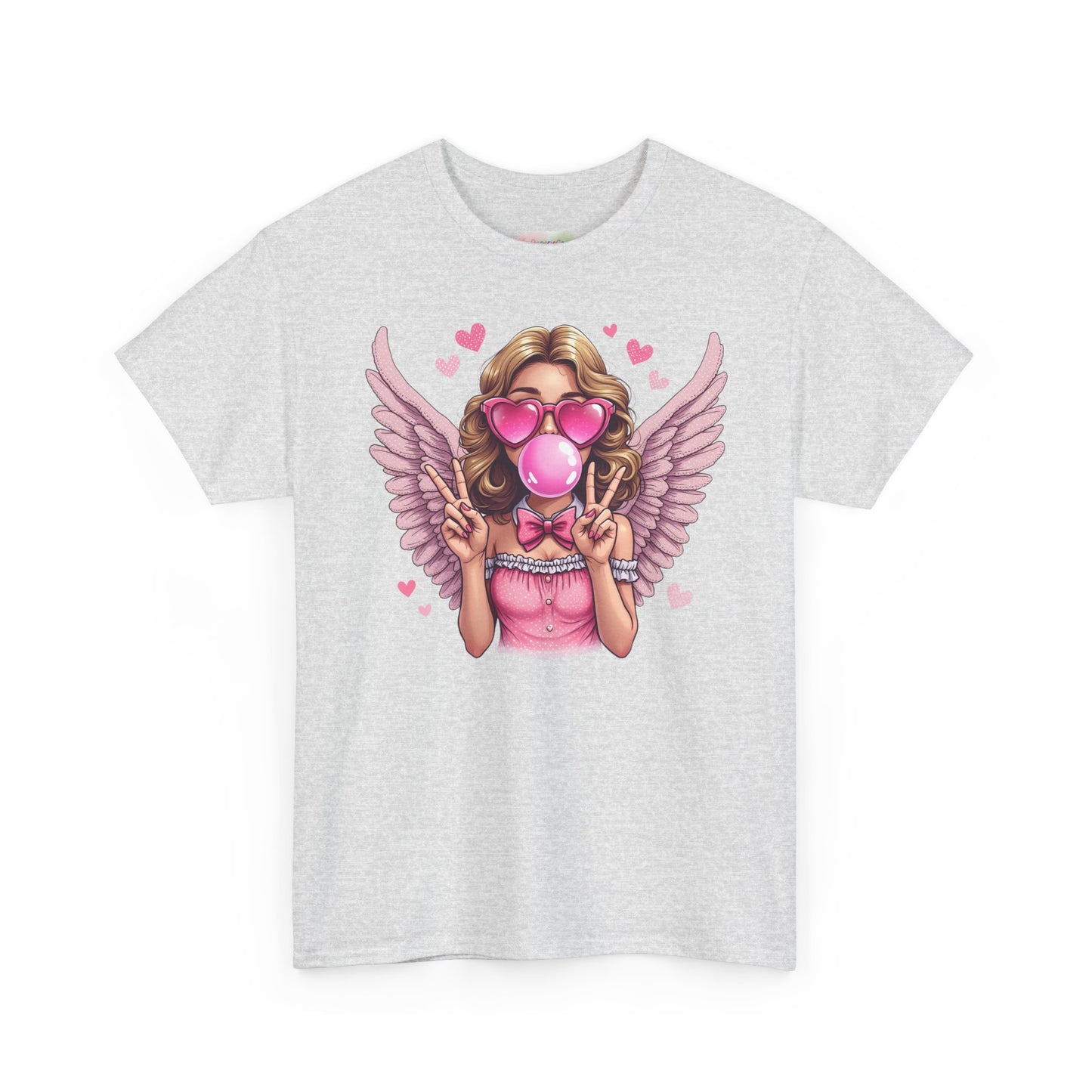Pink Bubblegum Angel Tee | Winged Girl, Heart Sunglasses, Cute Retro
