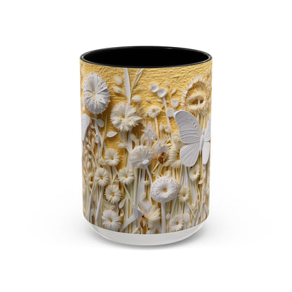 White Floral Relief with Butterflies Accent Mug | 11oz 15oz