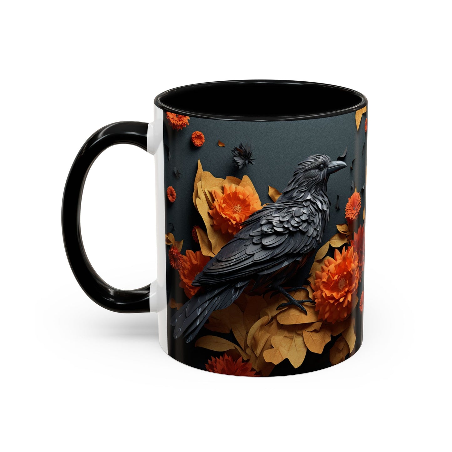 Autumn Raven Accent Coffee Mug — Black Crow & Orange Chrysanthemums (11/15oz)