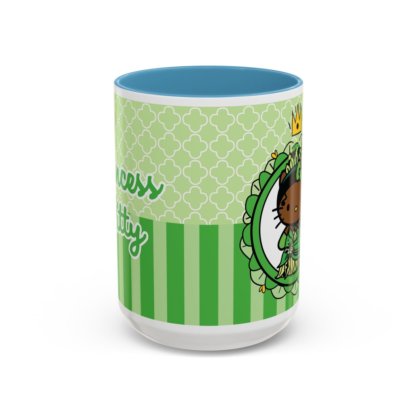 Princess Cat Illustration Accent Coffee Mug | Green Stripes