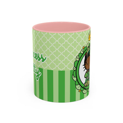 Princess Cat Illustration Accent Coffee Mug | Green Stripes