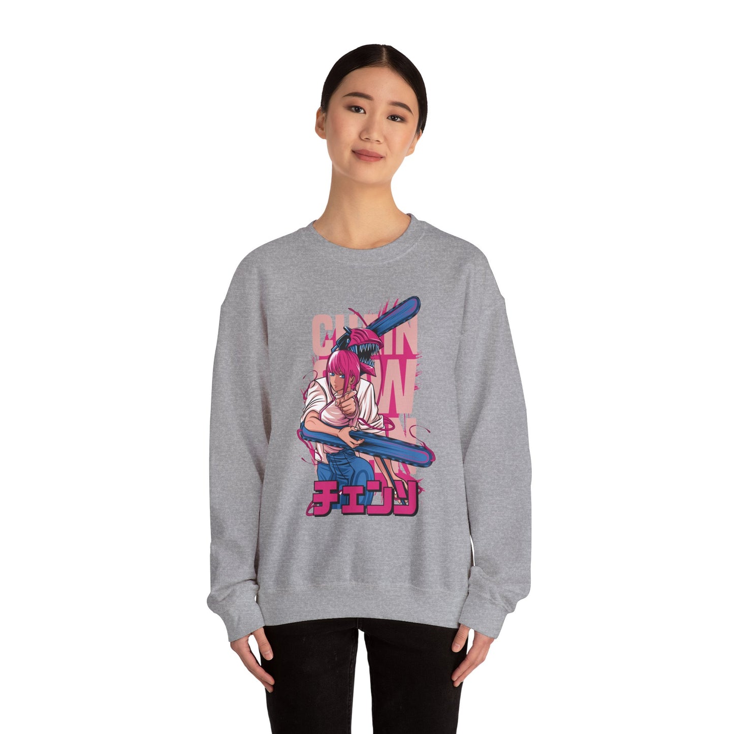 Cherry Anime Girl with Bat Crewneck Sweatshirt | Kawaii Japanese Text