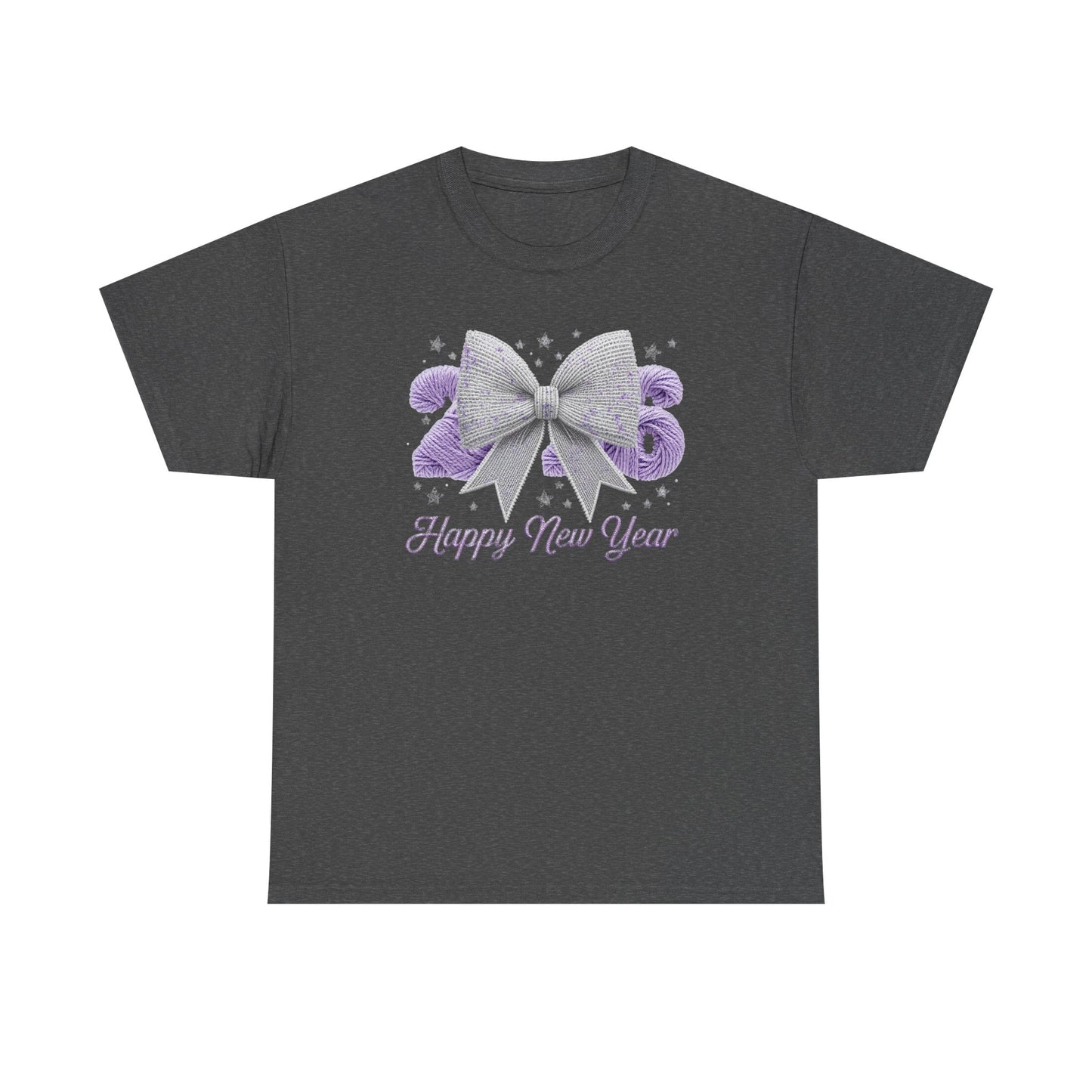 Happy New Year Bow T-Shirt — Silver Glitter Bow with Purple Confetti Tee
