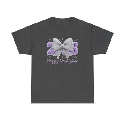 Happy New Year Bow T-Shirt Silver Glitter Bow with Purple Confetti Tee