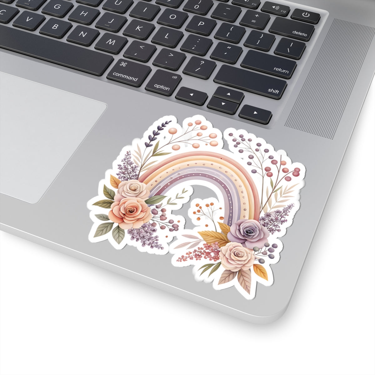 Pastel Floral Rainbow Sticker — Romantic Boho Laptop & Planner Kiss-Cut Sticker