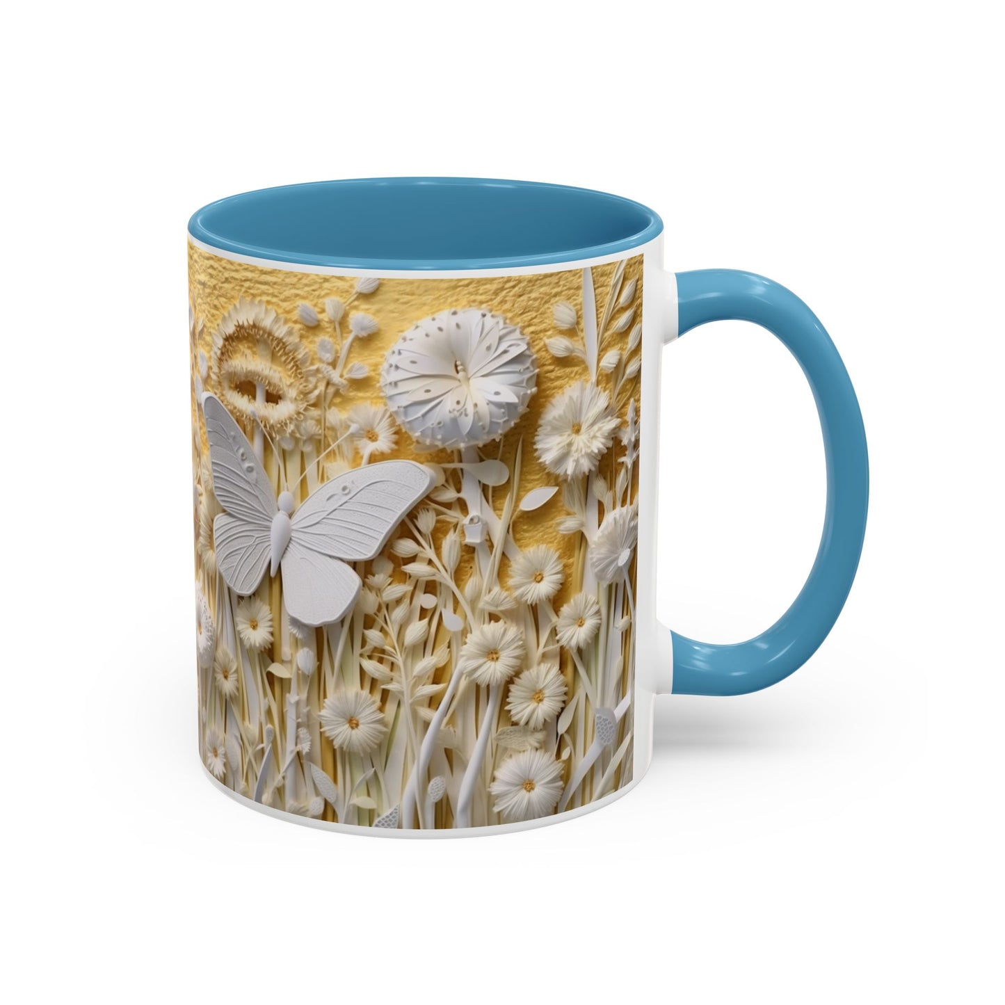 White Floral Relief with Butterflies Accent Mug | 11oz 15oz