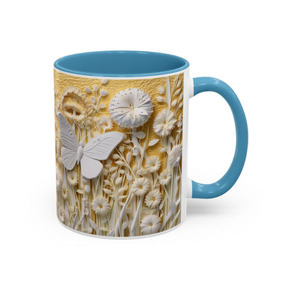White Floral Relief with Butterflies Accent Mug | 11oz 15oz