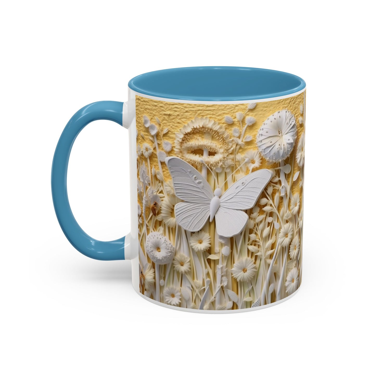 White Floral Relief with Butterflies Accent Mug | 11oz 15oz