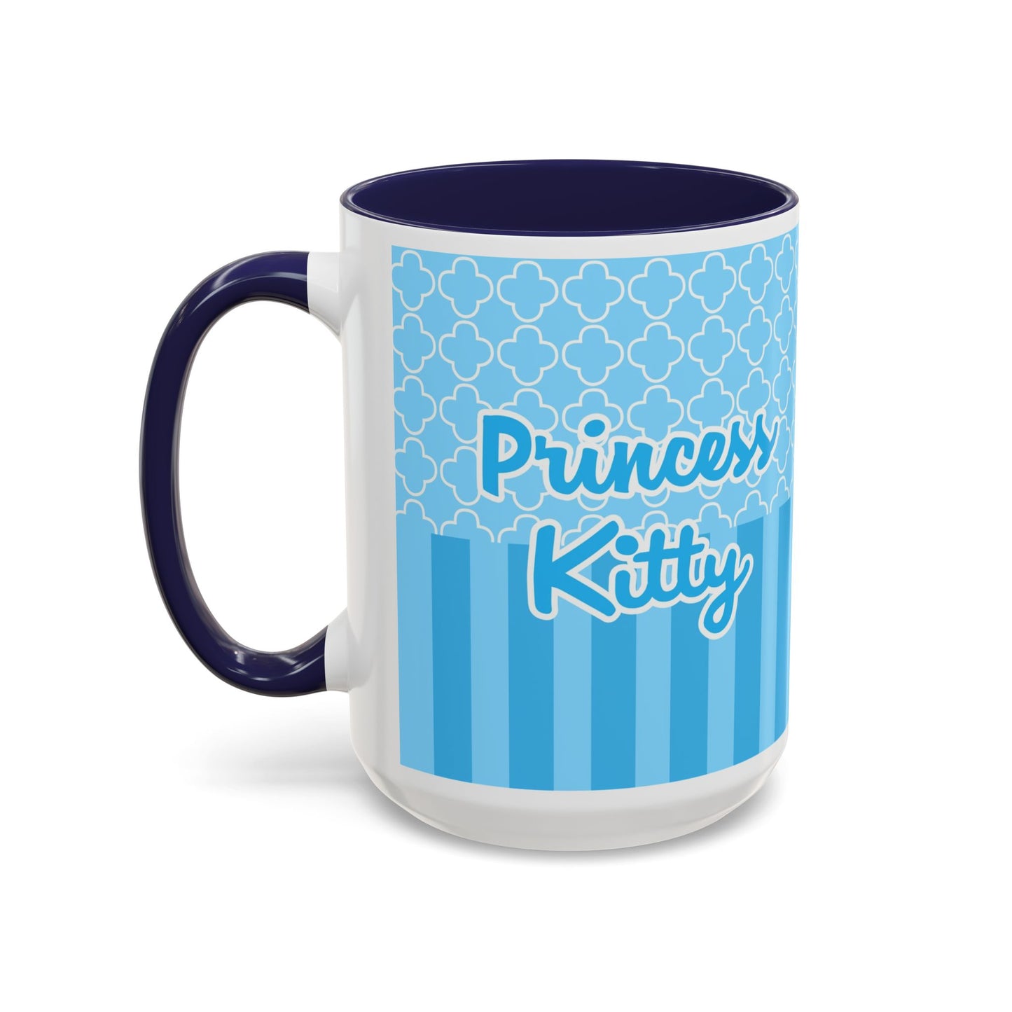 Princess Cat Illustration Accent Coffee Mug | Blue Striped Ceramic