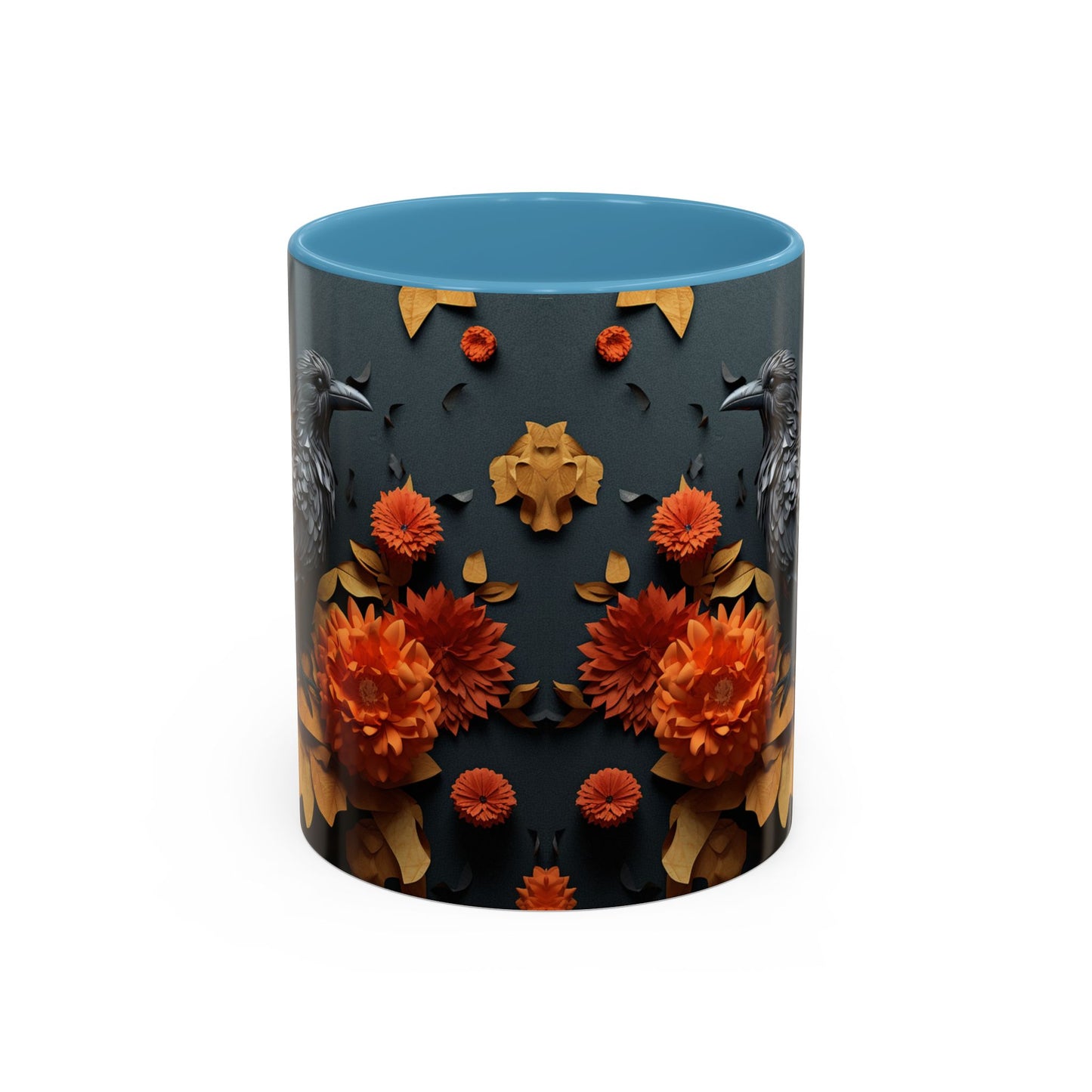 Autumn Raven Accent Coffee Mug — Black Crow & Orange Chrysanthemums (11/15oz)