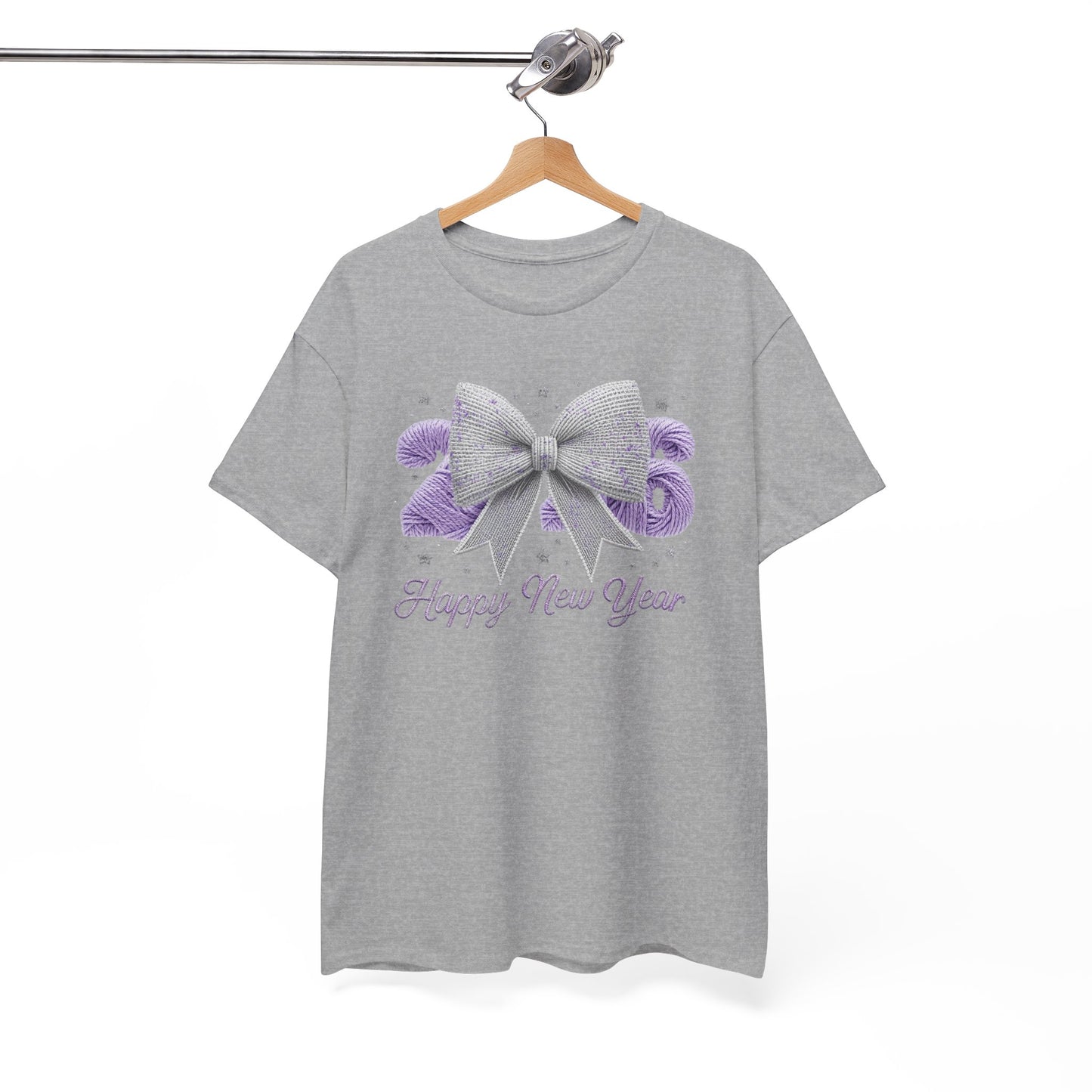 Happy New Year Bow T-Shirt — Silver Glitter Bow with Purple Confetti Tee