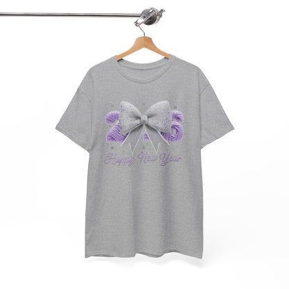 Happy New Year Bow T-Shirt — Silver Glitter Bow with Purple Confetti Tee