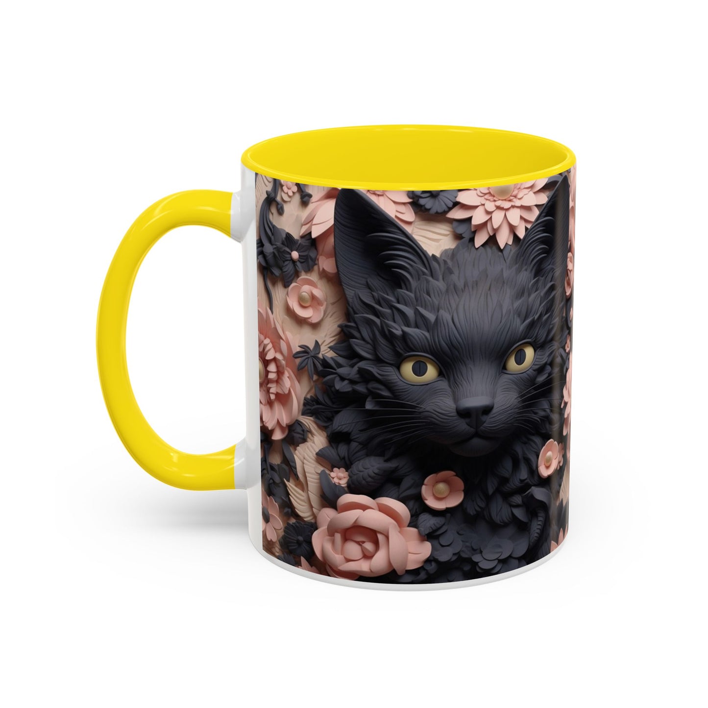 Black Cat & Pink Roses Accent Coffee Mug — 11/15oz Floral Cat Art