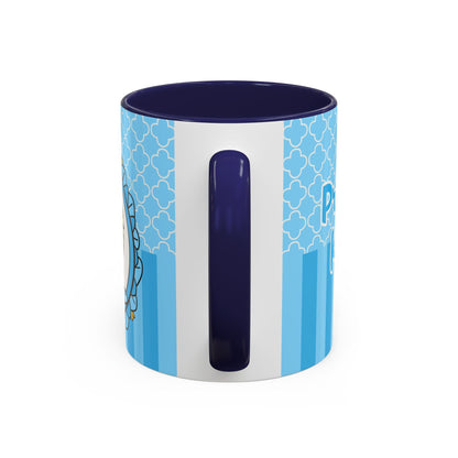 Princess Cat Illustration Accent Coffee Mug | Blue Striped Ceramic