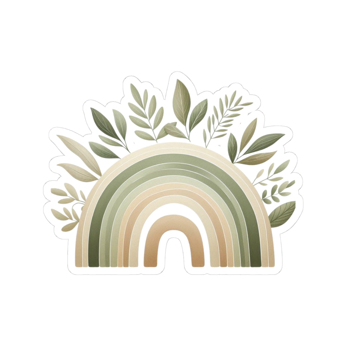 Neutral Boho Rainbow Kiss-Cut Sticker — Green Earthy Leaves Decal