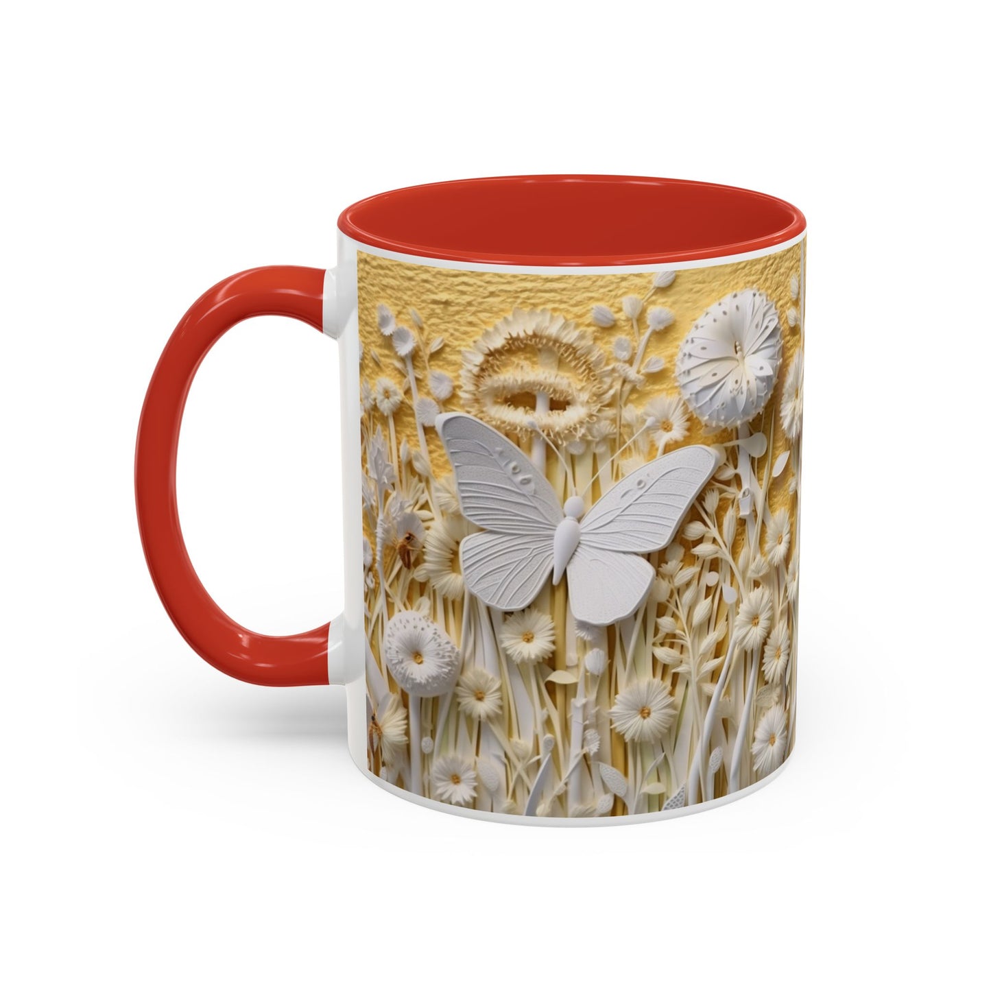 White Floral Relief with Butterflies Accent Mug | 11oz 15oz