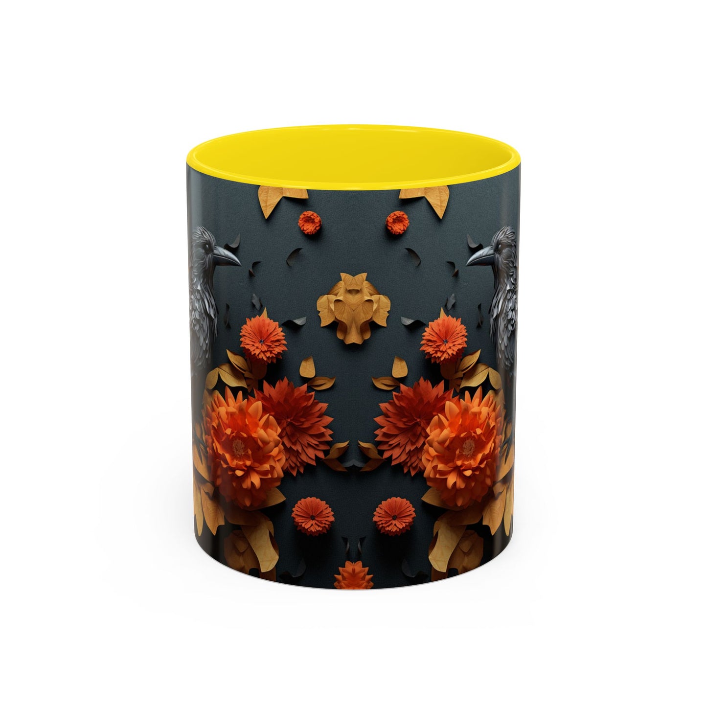 Autumn Raven Accent Coffee Mug — Black Crow & Orange Chrysanthemums (11/15oz)